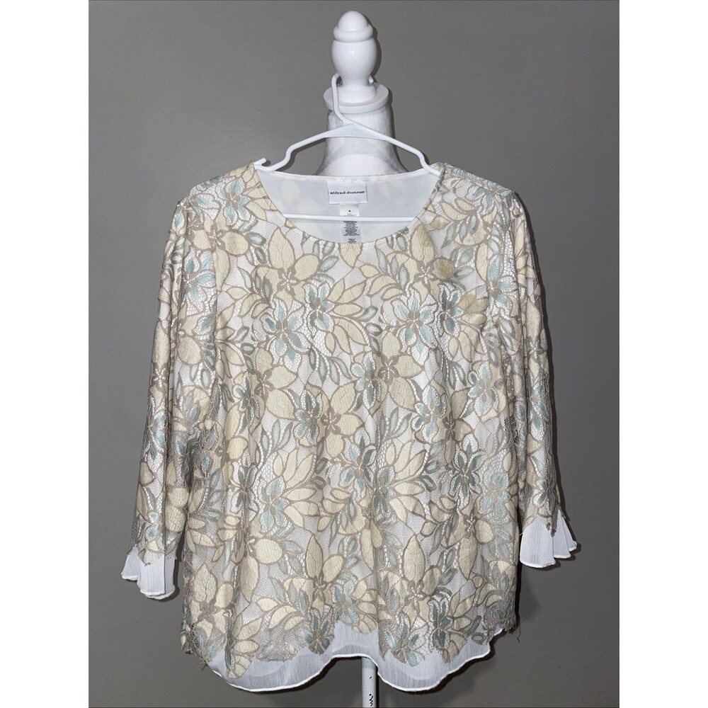 Alfred Dunner Kensington Gardens Floral Lace Top Woven Trim Sz M Tan/Mint/Ivory